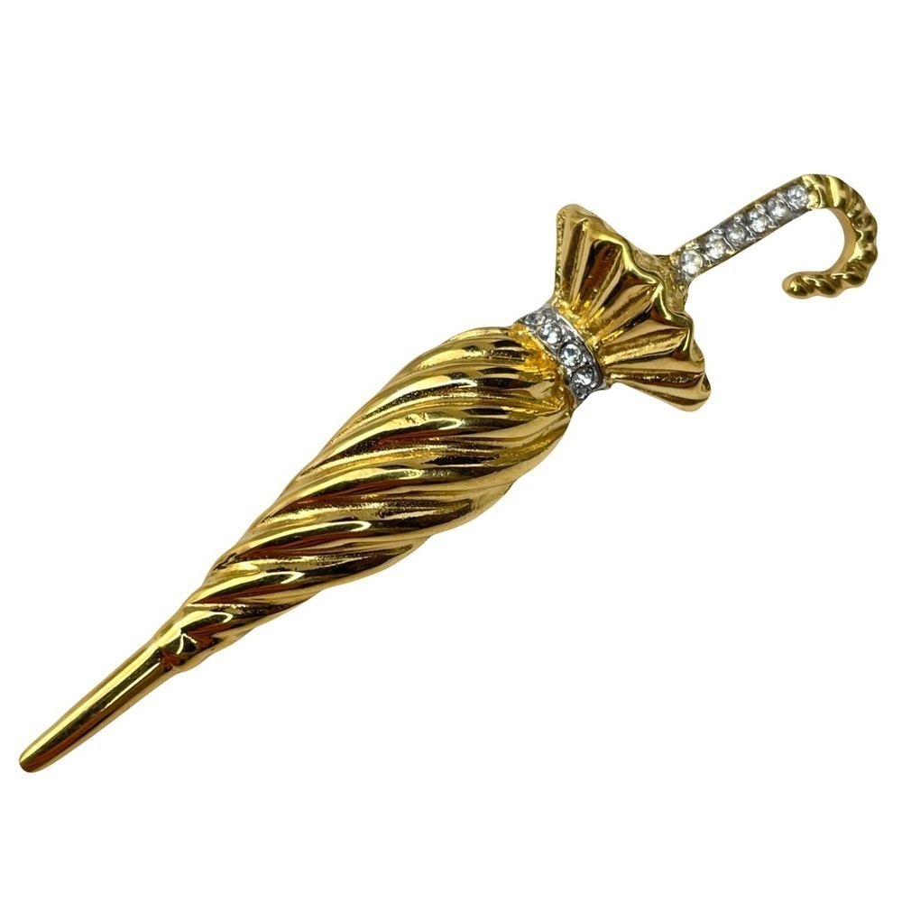 Gold Umbrella Brooch Pin With Crystals
